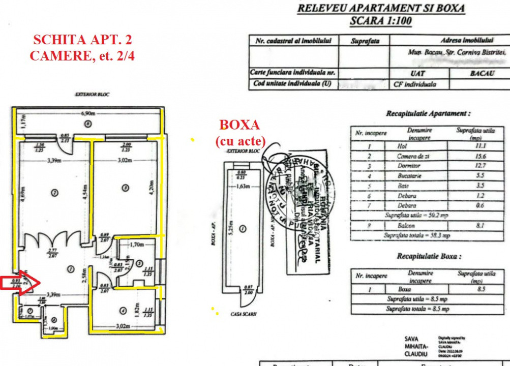 Apartament 2 camere+boxa de vanzare, etaj 2, str. Cornisa, Bacau