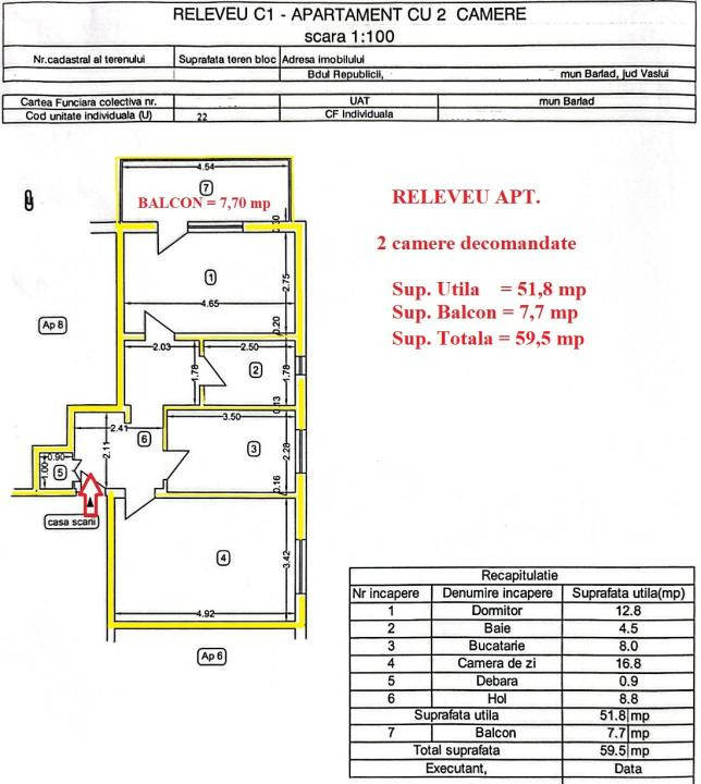 Apartament 2 camere de vanzare, ultracentral, B-dul Republicii, Barlad 